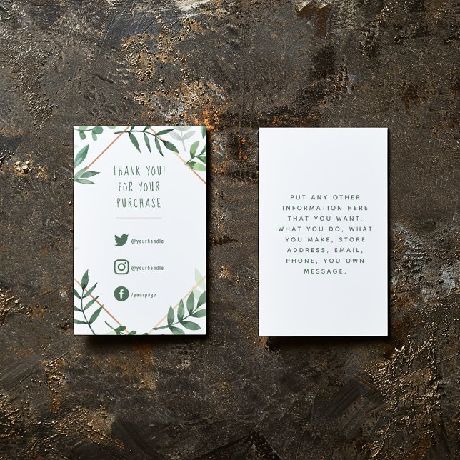 Carte D'accompagnement Liens sociaux, feuilles verts commander insert Car (Green leaves and gold border, fun text enclosure card to say thank you to your customers.)