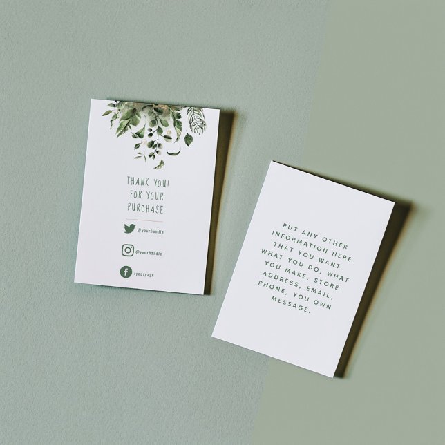 Carte D'accompagnement Liens sociaux, feuilles verts merci d'insérer la c (Green leaves, colored social links and fun text thank you enclosure card for orders.)