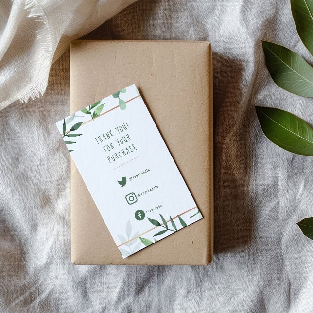 Carte D'accompagnement Liens sociaux, vert feuille en or trait d'insertio (Green leaves and gold border, fun text enclosure card to say thank you to your customers.)