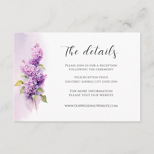 Carte D'accompagnement Lilac Fleurs verdure Mariage aquarelle (Devant)