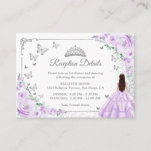 Carte D'accompagnement Lilac Purple Silver Quincenarea Reception Details (Devant)