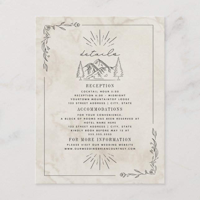 Carte D'accompagnement Line Art Mountains Watercolor Détails du Mariage (Devant)