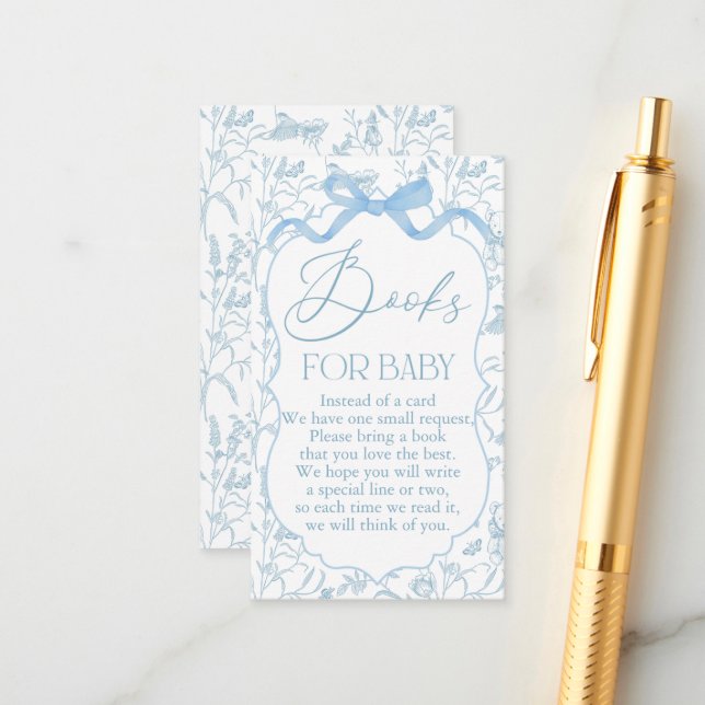 Carte D'accompagnement Livre de Garçon Baby shower Blue Bow (Devant/Arrière en situation)