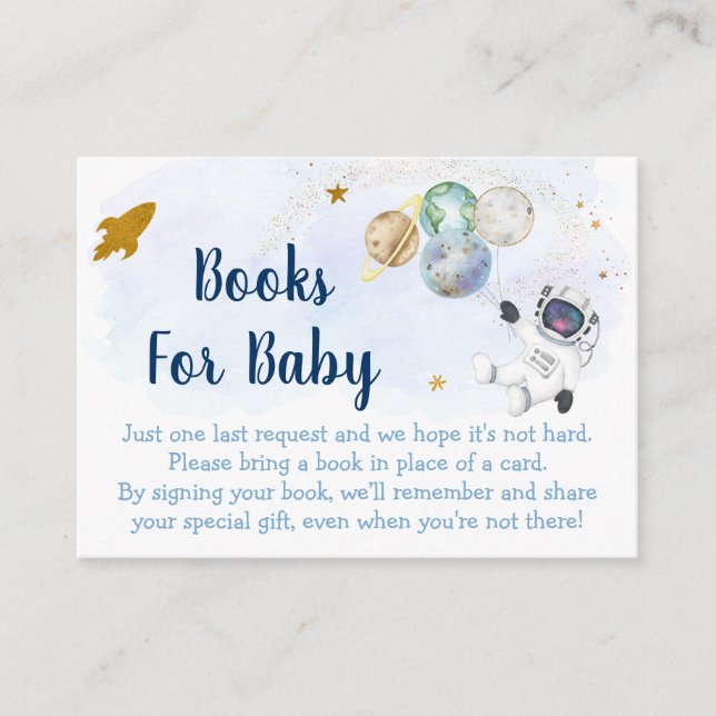 Carte D'accompagnement Livre demandé pour Baby Shower Astronaute Bleu Or  (Devant)