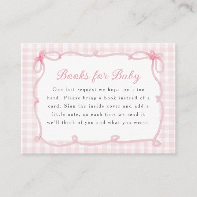 Carte D'accompagnement Livres à cadre avec nœud en vichy rose pour bébé (Devant)