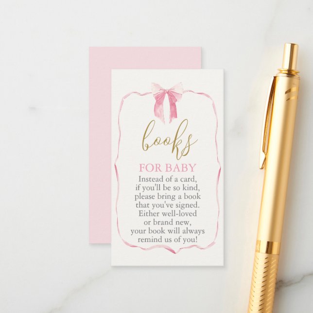 Carte D'accompagnement Livres de Baby shower pour bébé avec Bow rose (Devant/Arrière en situation)