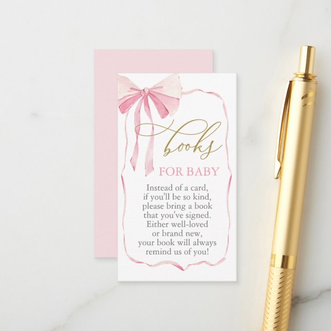 Carte D'accompagnement Livres de Baby shower pour bébé avec Bow rose (Devant/Arrière en situation)