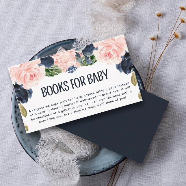 Carte D'accompagnement Livres de baby shower pour bébé rose Marine Floral (A unique baby shower idea is for the host to request books instead of cards with baby gifts.)