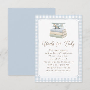Carte D'accompagnement Livres de bébé pour Baby Shower avion bleu à carre