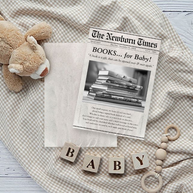 Carte D'accompagnement Livres de journaux mignonnes pour Baby shower Cart (Cute The Newborn Times newspaper style Baby shower Invitation books for baby insert enclosure card)