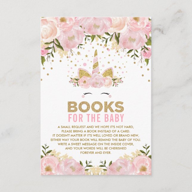 Carte D'accompagnement Livres de Unicorne rose florale pour bébé fille (Devant)
