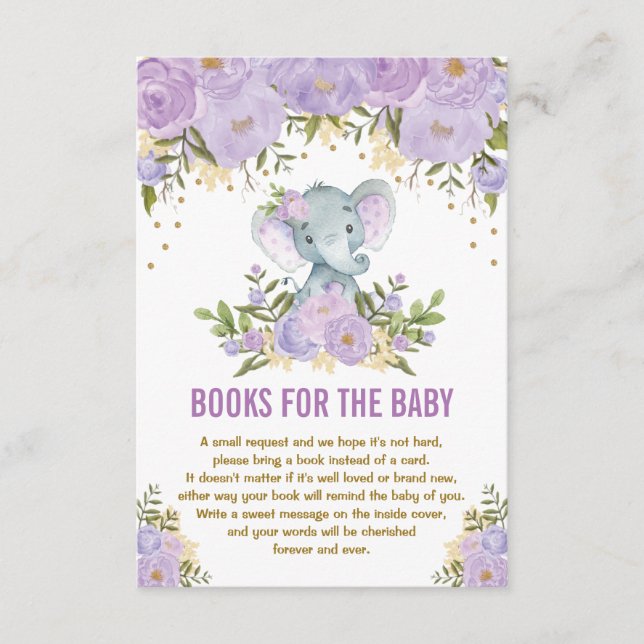 Carte D'accompagnement Livres d'éléphants floraux pourpre or pour bébé (Devant)