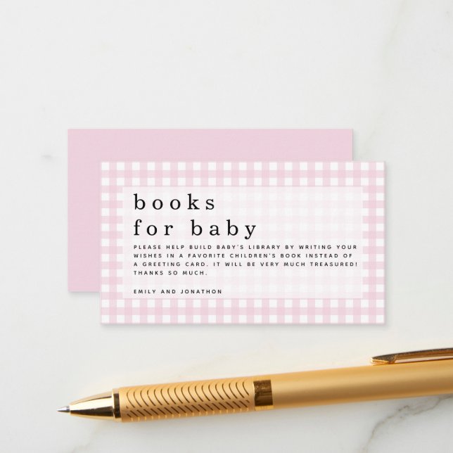 Carte D'accompagnement Livres En vichy rose blanc pour bébé (Devant/Arrière en situation)