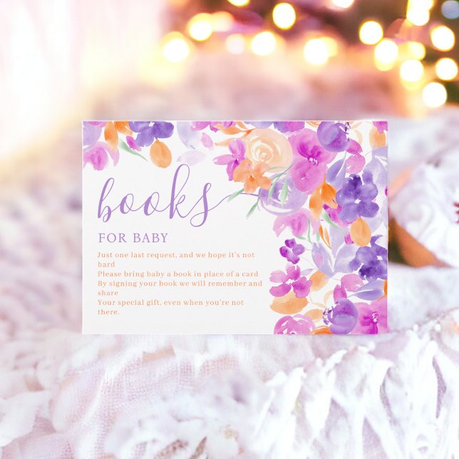 Carte D'accompagnement Livres floraux violet orange pastel pour baby show (Pastel purple orange floral books for baby shower enclosure card)