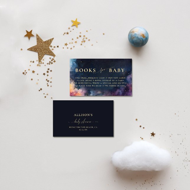 Carte D'accompagnement Livres pour bébé céleste cadeau Dark Navy Blue Sta (celestial baby shower books card moon planets cosmos galaxy dark navy blue gold watercolor)