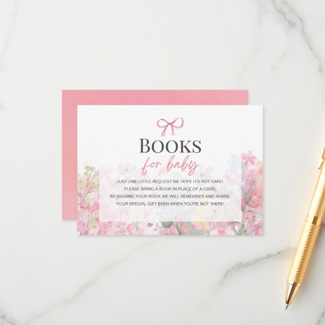 Carte D'accompagnement Livres pour bébé fille aquarelle rose Bow Floral (Devant/Arrière en situation)