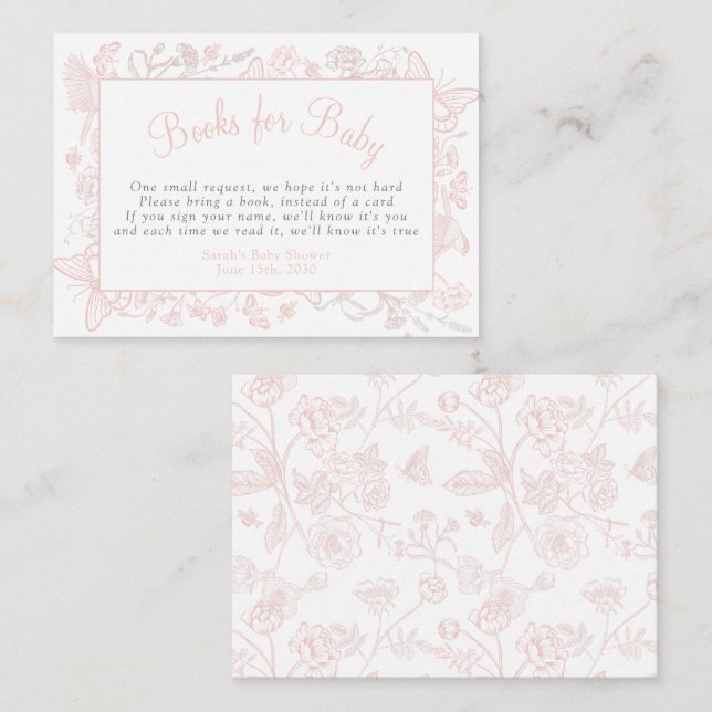Carte D'accompagnement Livres pour bébé Un petit Baby shower rose papillo (Devant / Derrière)