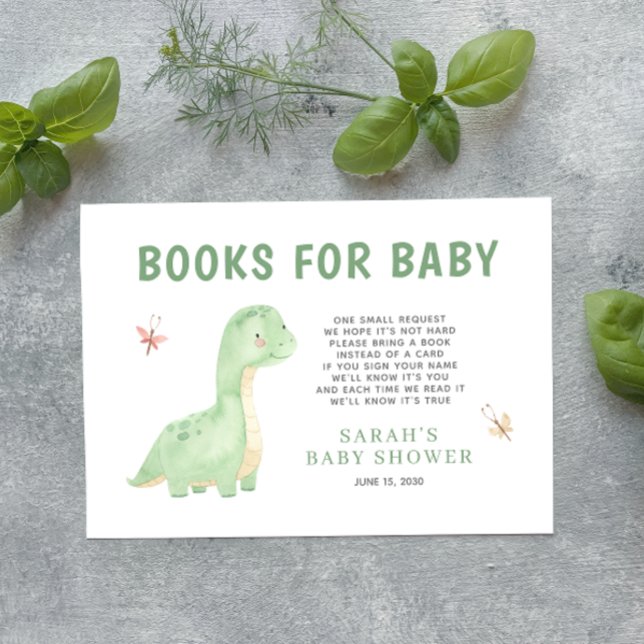 Carte D'accompagnement Livres pour bébé vert aquarelle Dinosaur Douche (Get ready for a Jurassic celebration with our adorable dinosaur books for baby enclosure card! 🦕)