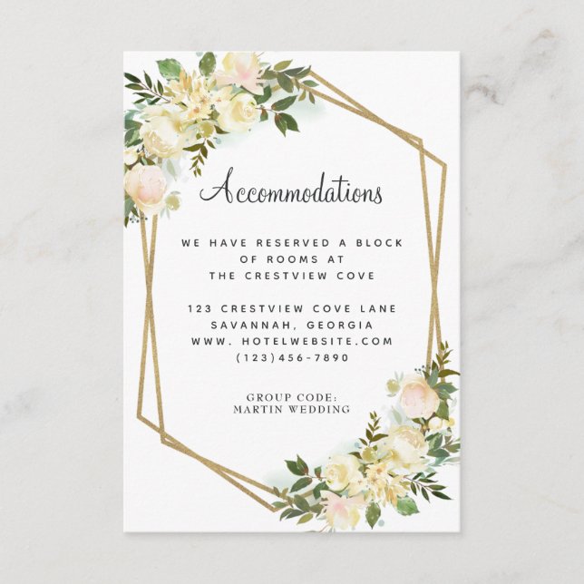 Carte D'accompagnement Logement Détails Mariage Floral Gold White (Devant)