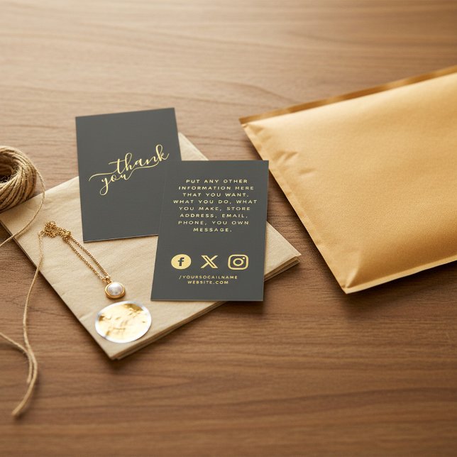 Carte D'accompagnement Logos sociaux gris et or commande client (Social logos grey and gold customer order enclosure card.)