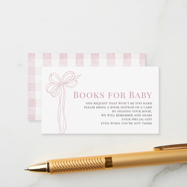 Carte D'accompagnement Long Pink Bow Ribbon Girl Baby Shower Book Request (Devant/Arrière en situation)