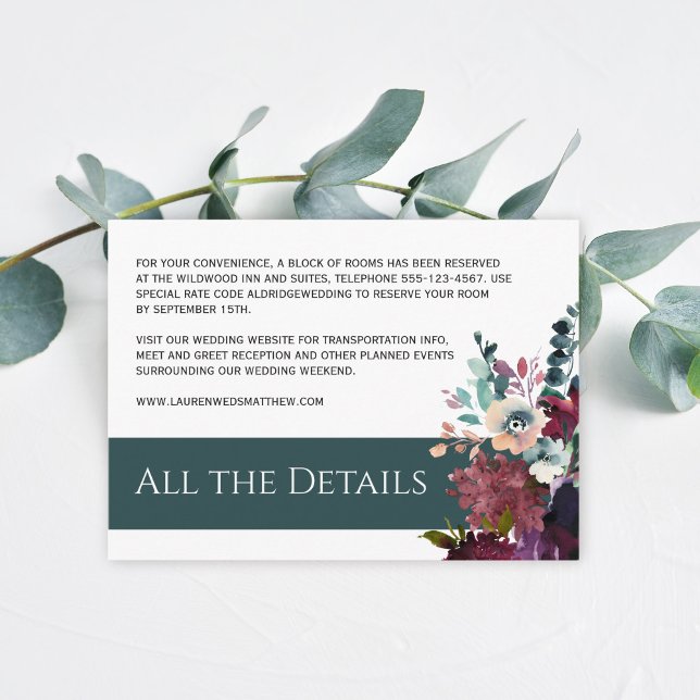 Carte D'accompagnement Luxueux Turquoise et vin Floral Mariage Détails (Créateur téléchargé)