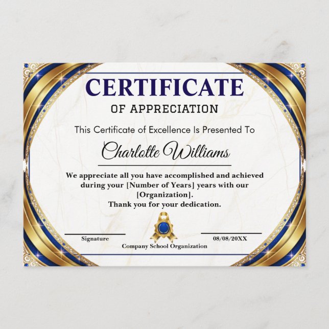 Carte D'accompagnement Luxury Certificate of Appreciation Award Template (Devant)