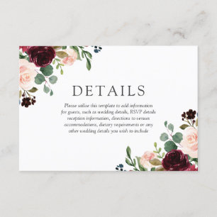 Carte D'accompagnement Magnifique Blush & Fleurs Bourgognes Mariage éléga