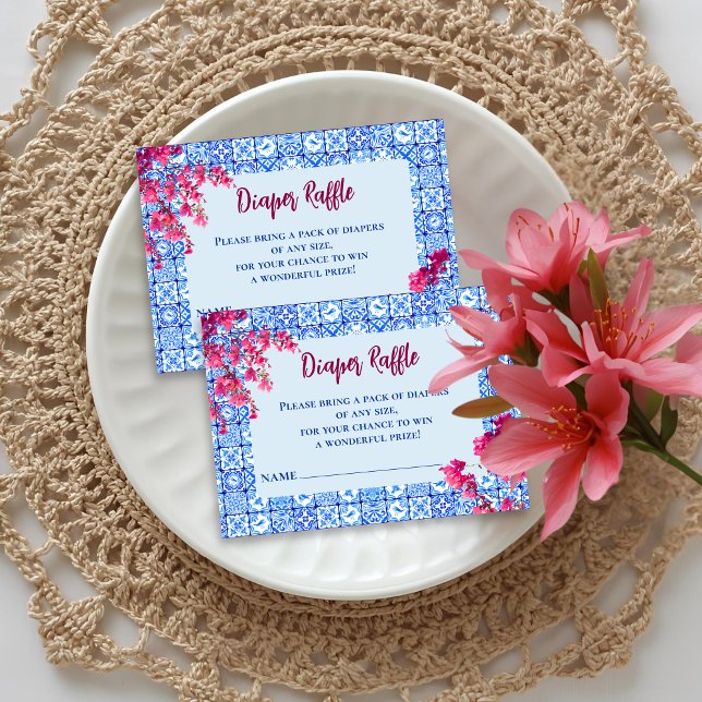 Carte D'accompagnement Mamma Mia Blue Tile Pink Flower Diaper Raffle Game (Créateur téléchargé)