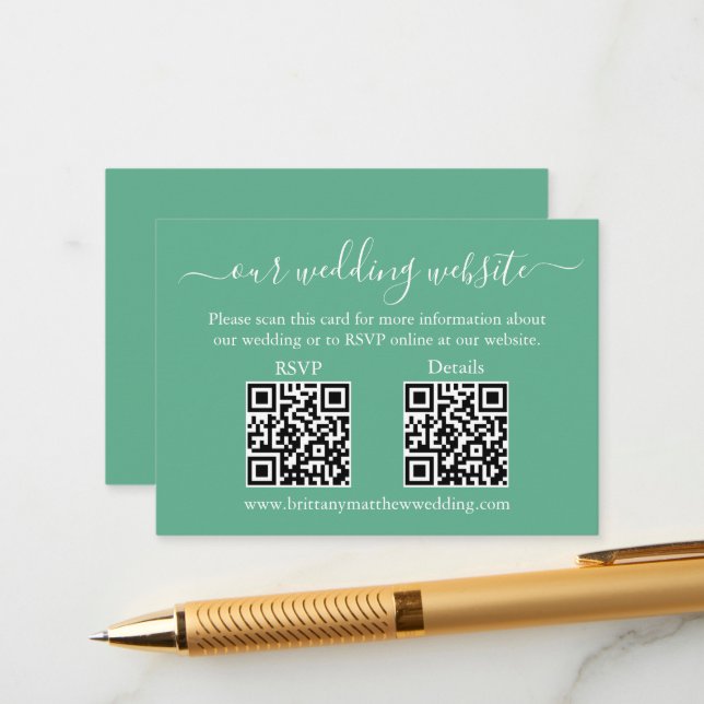 Carte D'accompagnement Mariage 2 QR RSVP Détails Neo Mint Green (Devant/Arrière en situation)
