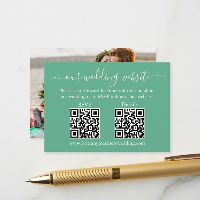 Carte D'accompagnement Mariage 2 QR RSVP Détails Photo Neo Mint Green (Devant/Arrière en situation)