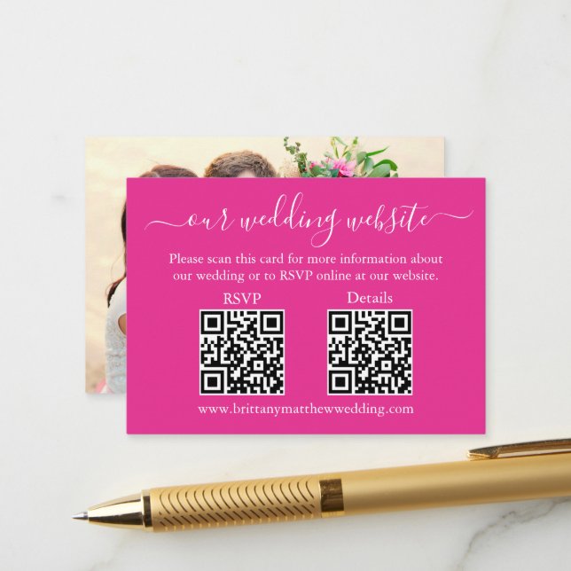Carte D'accompagnement Mariage 2 QR RSVP Détails Photo Rose chaud (Devant/Arrière en situation)