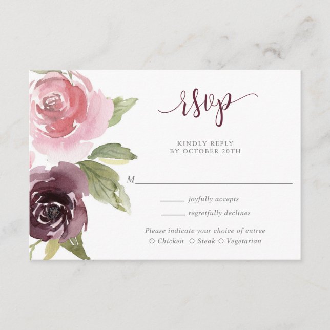 Carte D'accompagnement mariage à l'aquarelle rose-rousse rose-bleu RSVP (Devant)