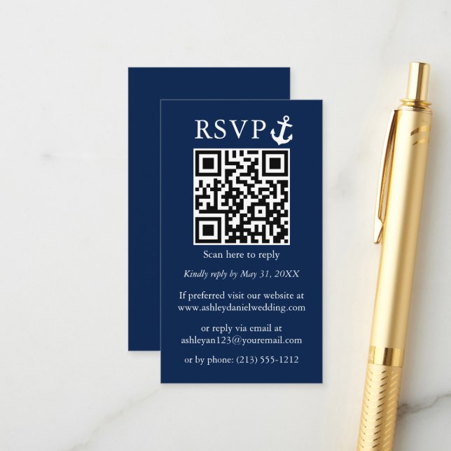Carte D'accompagnement Mariage Ancre marine bleu QR RSVP (Devant/Arrière en situation)