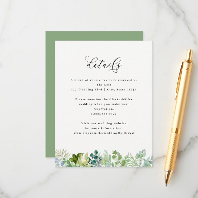Carte D'accompagnement Mariage-Aquarelle Détails sur la verdure et le feu (Devant/Arrière en situation)