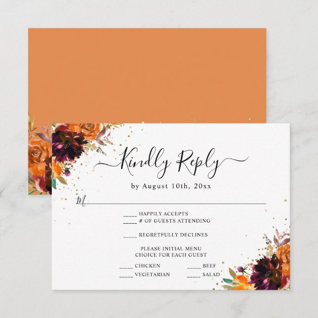 Carte D'accompagnement Mariage Automnal Fleurs Dorées Pailletées Orange B (Devant / Derrière)