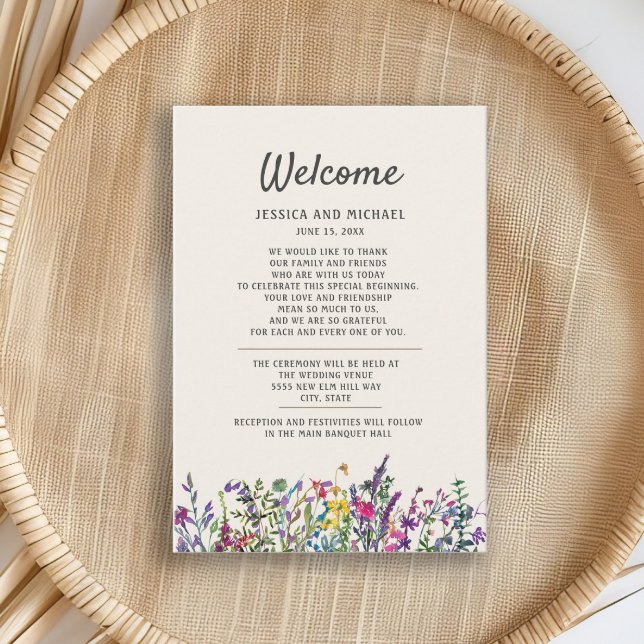 Carte D'accompagnement Mariage Bienvenue aquarelle Fleurs sauvages Floral (Wedding Welcome card for guest bags)