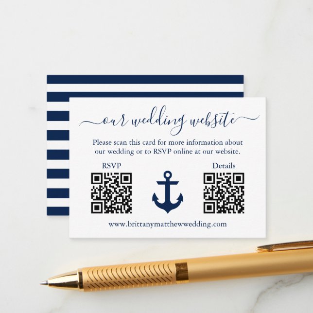 Carte D'accompagnement Mariage Bleu Ancre rayures 2 QR RSVP Détails (Devant/Arrière en situation)