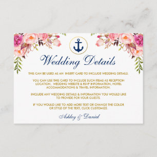 Carte D'accompagnement Mariage bleu marine Détails Floral Insérer une car