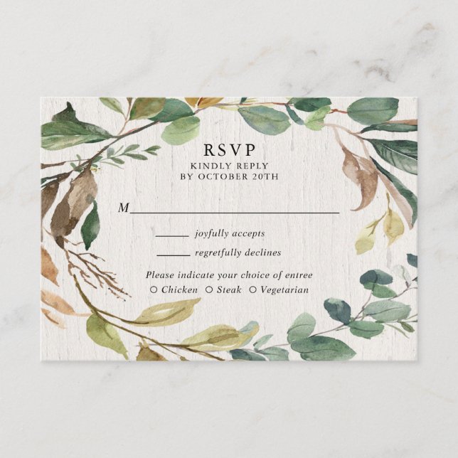 Carte D'accompagnement Mariage botanique de feuillage rustique RSVP (Devant)