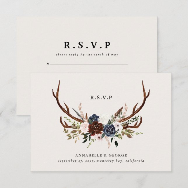 Carte D'accompagnement Mariage botanique floral rustique bordeaux RSVP (Devant / Derrière)