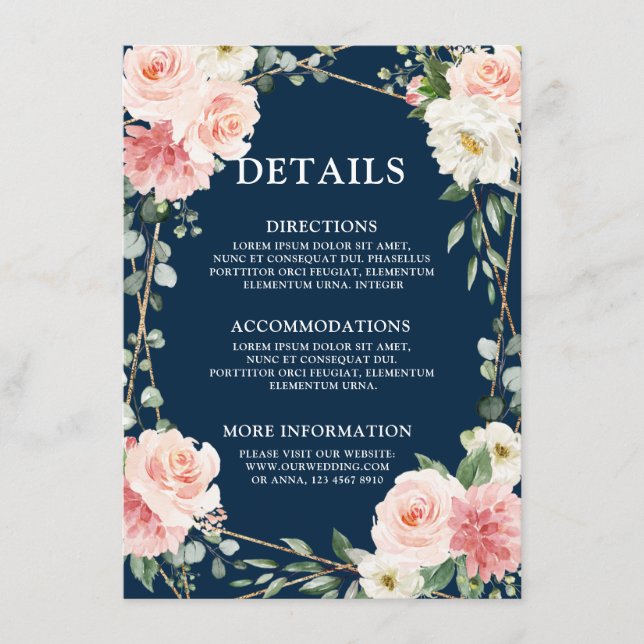 Carte D'accompagnement Mariage Botanique Géométrique Blush Pink Navy (Devant)