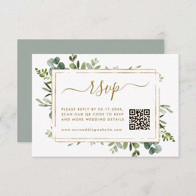 Carte D'accompagnement Mariage Botanique Gold Greenery RSVP avec code QR (Devant / Derrière)
