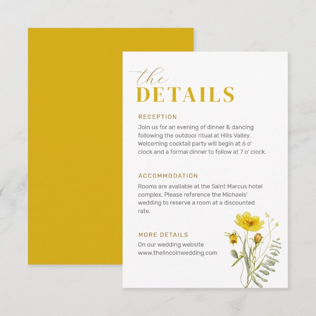Carte D'accompagnement Mariage Bouquet Fleur sauvage jaune Fleurs de prai (Devant / Derrière)