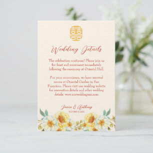 Carte D'accompagnement Mariage chinois jaune fleuri élégant détail