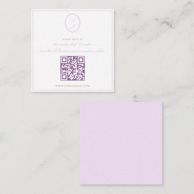 Carte D'accompagnement Mariage classique à monogramme QR RSVP lavande (Devant / Derrière)
