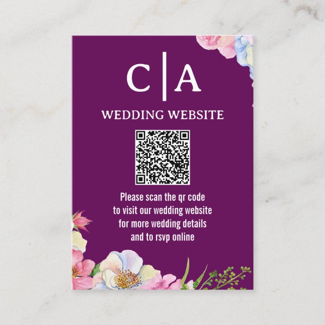 Carte D'accompagnement Mariage Code QR Fleurs Aquarelle Rose Bleu (Devant)