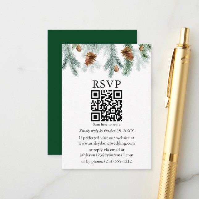 Carte D'accompagnement Mariage cônes de pin aquarelle QR RSVP (Devant/Arrière en situation)