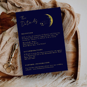 Carte D'accompagnement Mariage Croissant de Lune en Or Bleu Minuit Célest