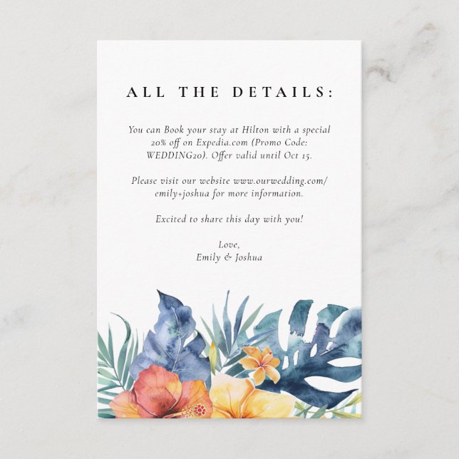 Carte D'accompagnement Mariage d'aquarelle d'été florale tropicale (Devant)